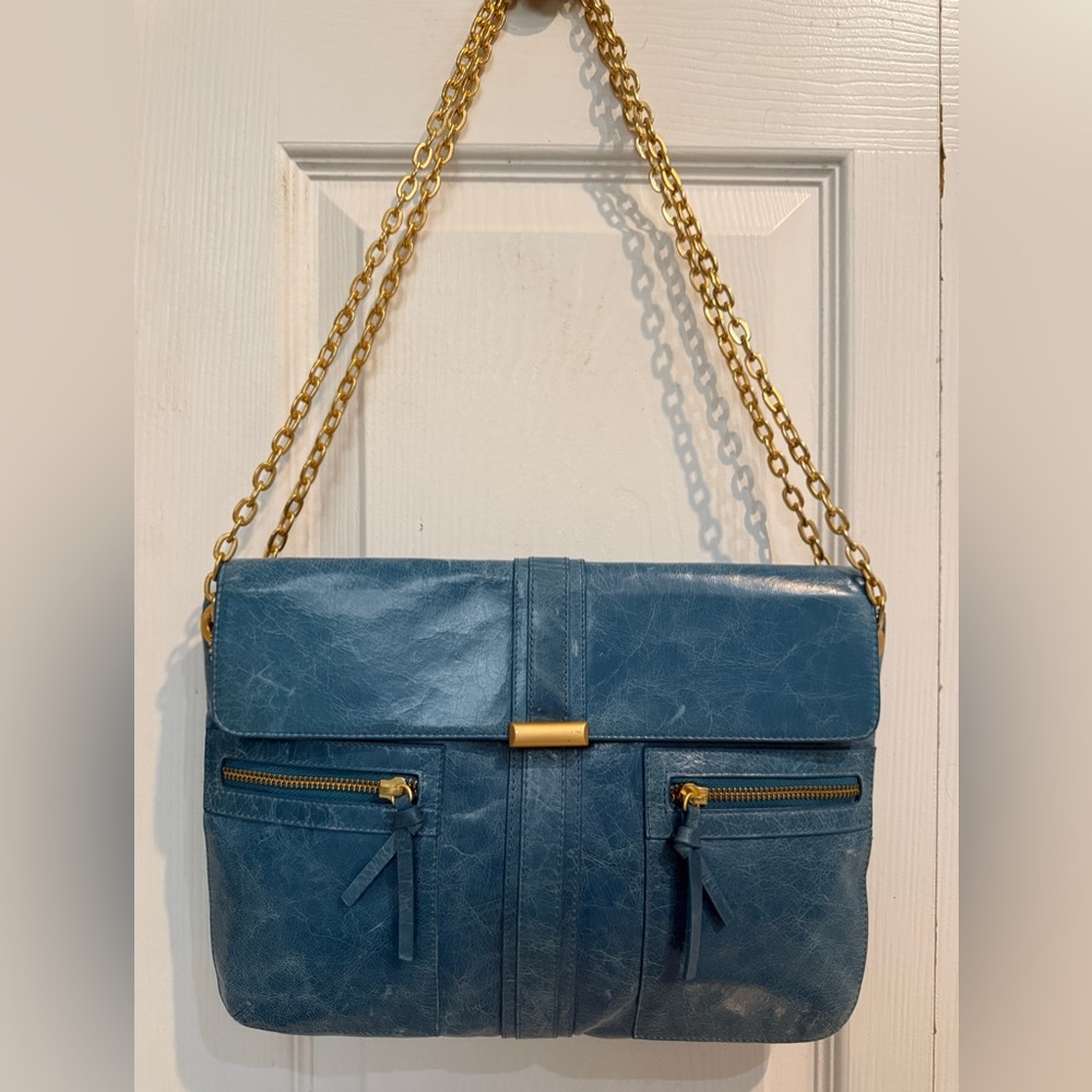 Bloomingdale's Distressed Blue Crossbody Gold Chain Strap